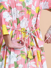 Pink Floral Cotton Maternity Suit Sets With Dupatta