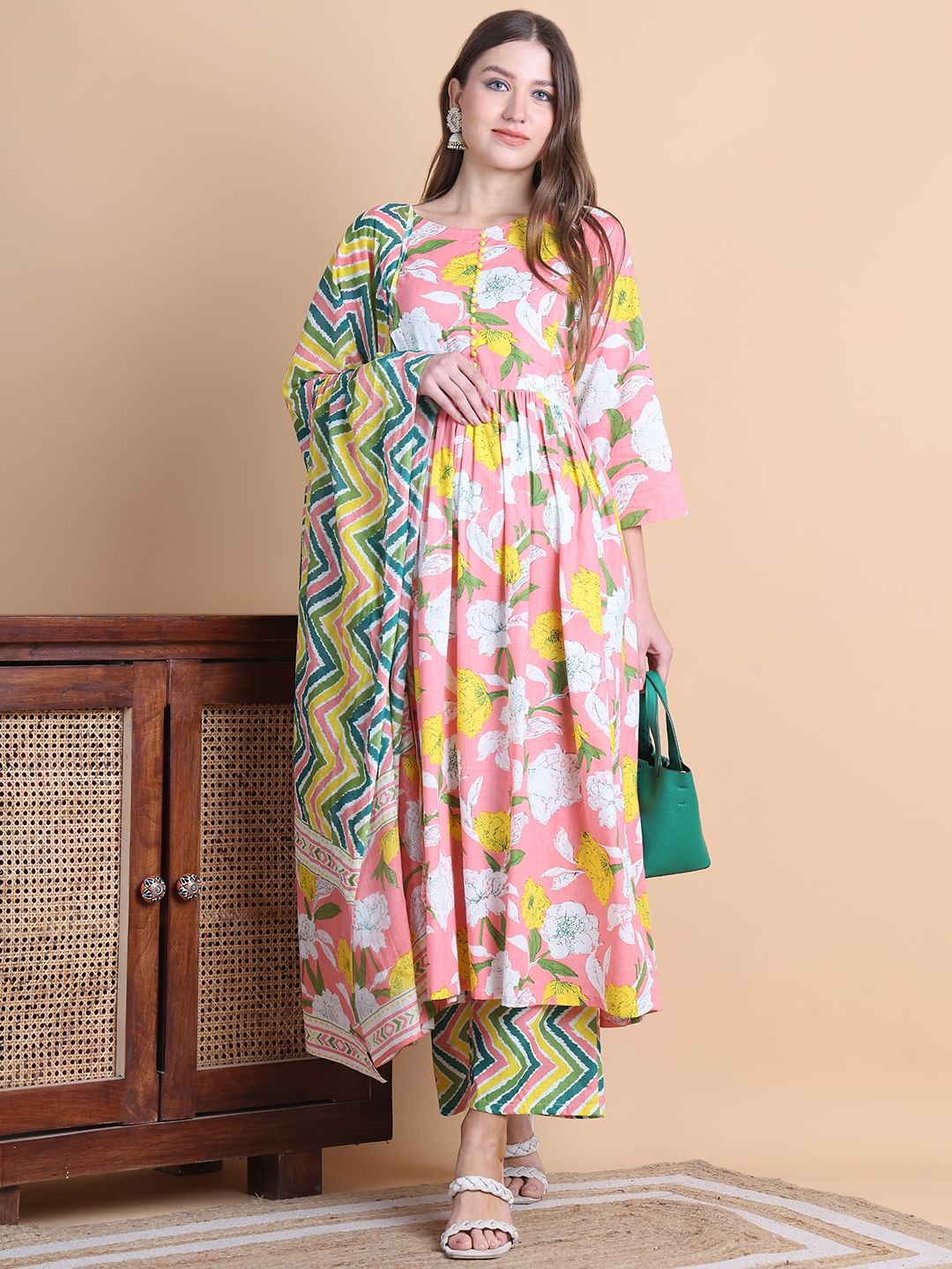 Pink Floral Cotton Maternity Suit Sets With Dupatta