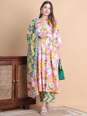Pink Floral Cotton Maternity Suit Sets With Dupatta