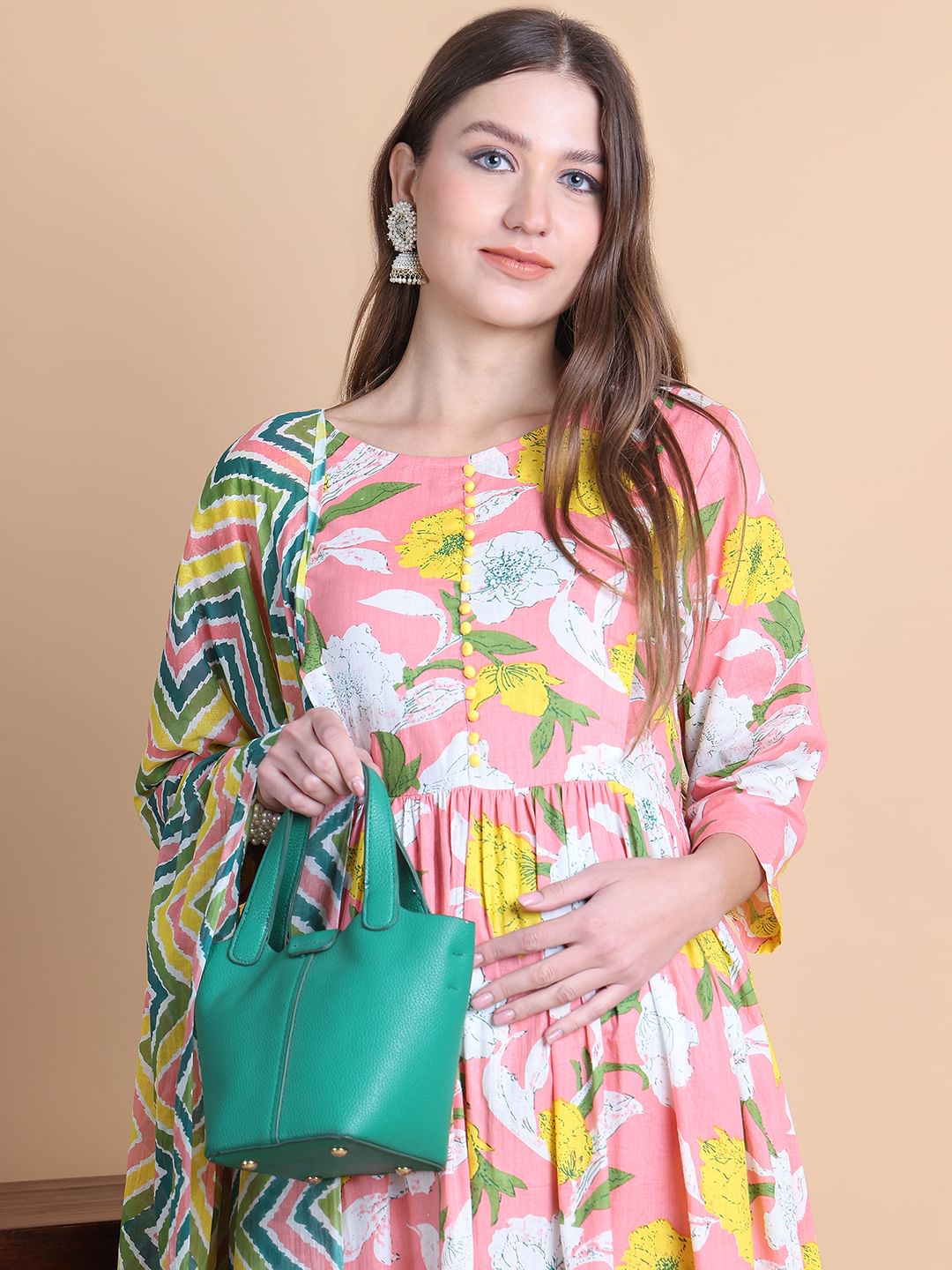 Pink Floral Cotton Maternity Suit Sets With Dupatta