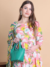 Pink Floral Cotton Maternity Suit Sets With Dupatta