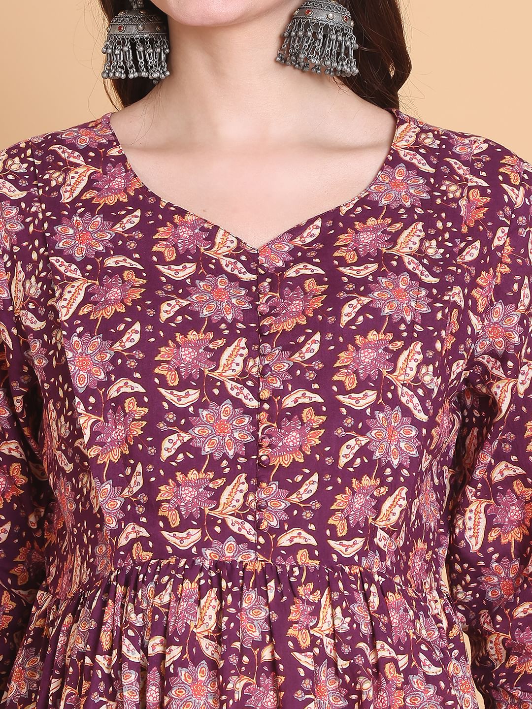 Purple Floral Cotton Calf Length Maternity Suit Sets With Dupatta