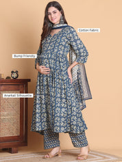 Blue Floral Cotton Calf Length Maternity Suit Sets With Dupatta