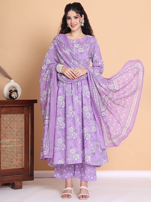 Amoha By Secret Wish Lilac Floral Cotton Maternity Kurta with Trouser and Dupatta