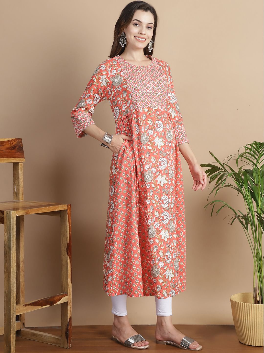 Peach Floral Cotton Maternity Kurta
