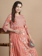 Peach Floral Cotton Maternity Kurta