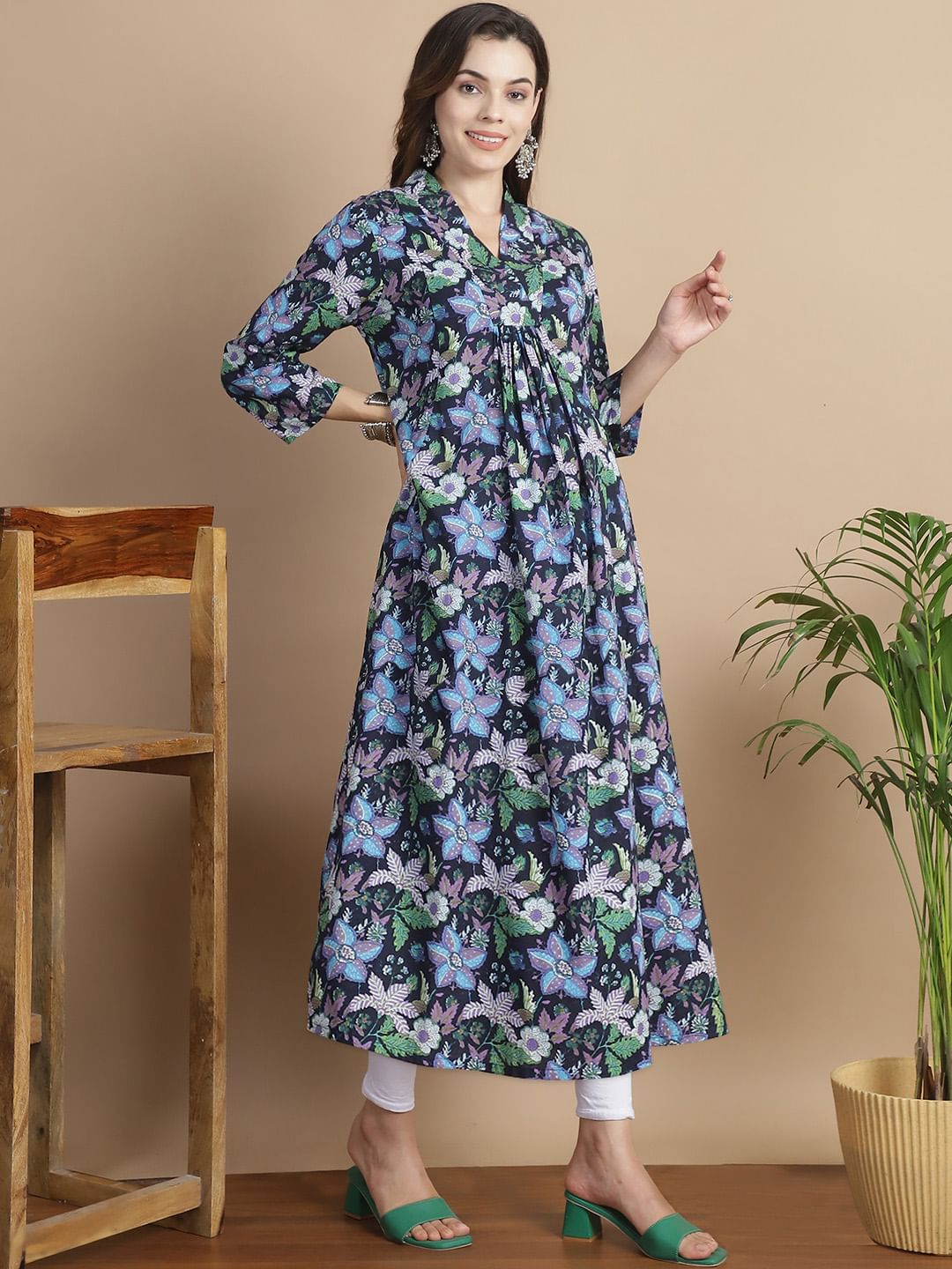 Navy Blue Floral Cotton Maternity Kurta