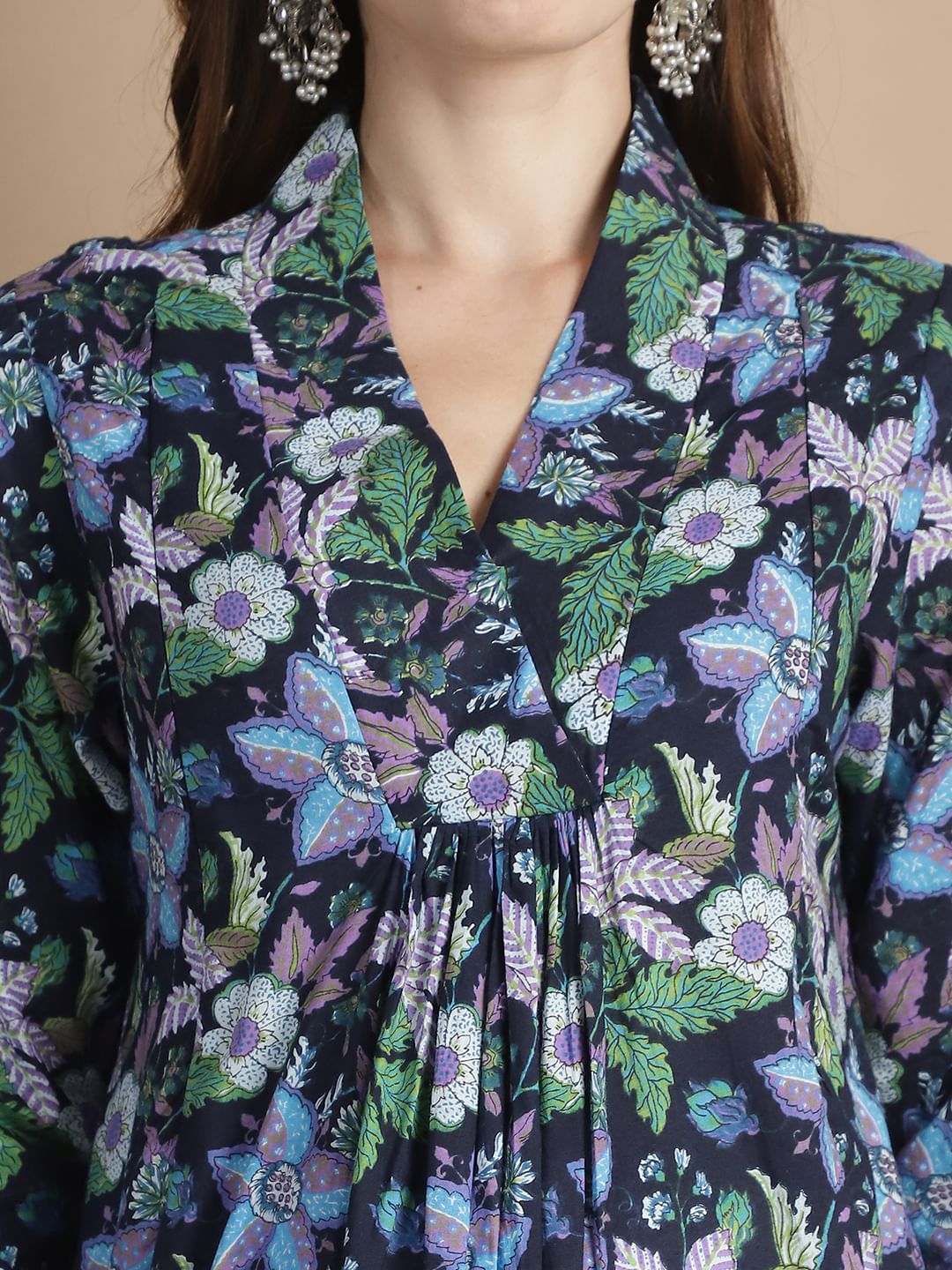 Navy Blue Floral Cotton Maternity Kurta