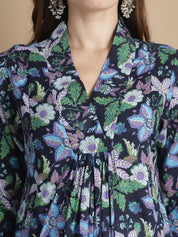 Navy Blue Floral Cotton Maternity Kurta