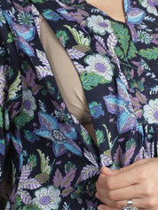Navy Blue Floral Cotton Maternity Kurta