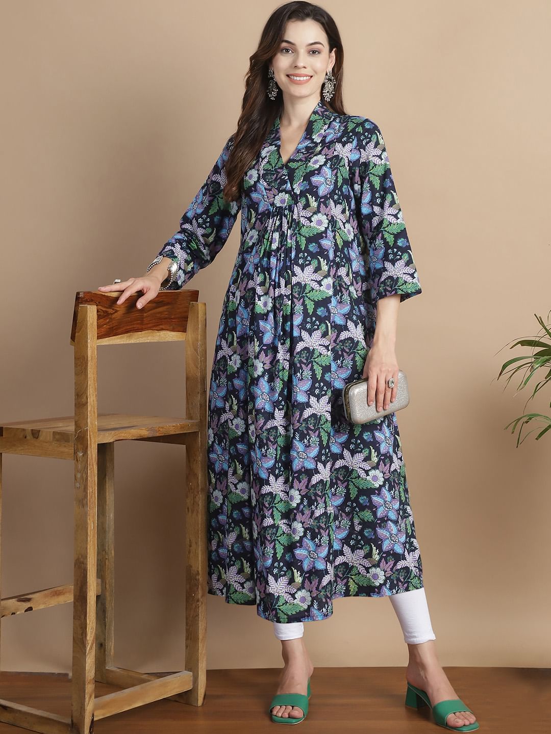 Navy Blue Floral Cotton Maternity Kurta