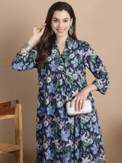 Navy Blue Floral Cotton Maternity Kurta