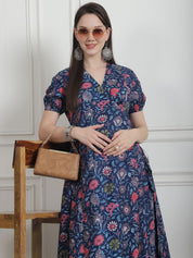 Floral Print Dark Blue Cotton Maternity Kurta
