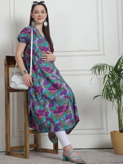 Floral Print Blue Cotton Maternity Kurta