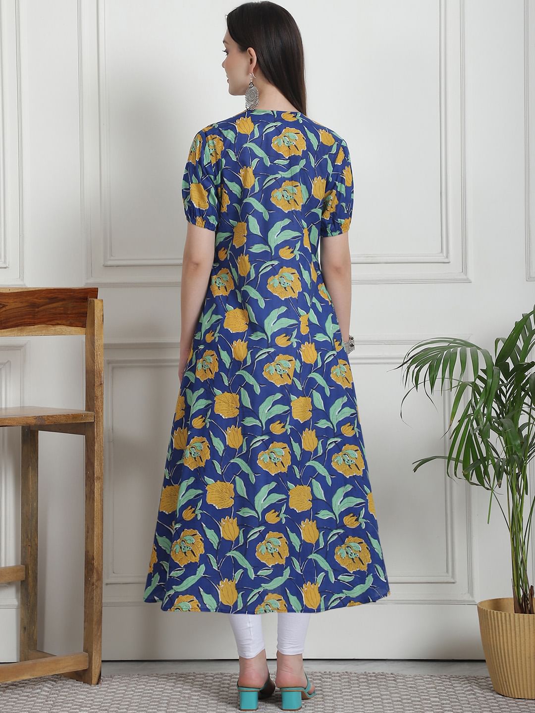 Floral Print Dark Blue Cotton Maternity Kurta