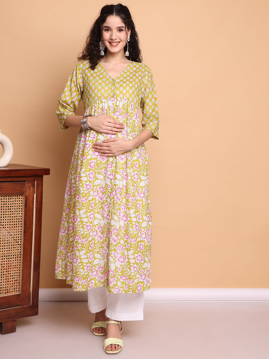 Yellow Floral Cotton Lurex Maternity Kurta with Trouser