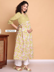 Yellow Floral Cotton Lurex Maternity Kurta with Trouser