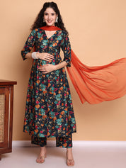 Navy Blue Floral Silk Blend Maternity Kurta with Trouser and Dupatta