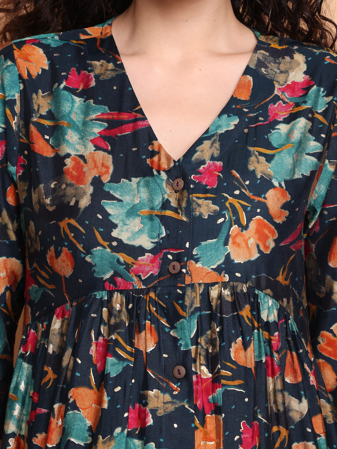 Navy Blue Floral Silk Blend Maternity Kurta with Trouser and Dupatta