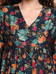 Navy Blue Floral Silk Blend Maternity Kurta with Trouser and Dupatta