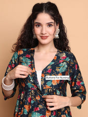 Navy Blue Floral Silk Blend Maternity Kurta with Trouser and Dupatta