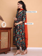 Navy Blue Floral Silk Blend Maternity Kurta with Trouser and Dupatta