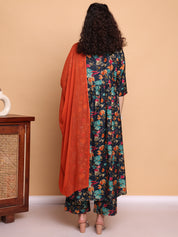 Navy Blue Floral Silk Blend Maternity Kurta with Trouser and Dupatta
