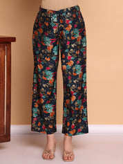 Navy Blue Floral Silk Blend Maternity Kurta with Trouser and Dupatta