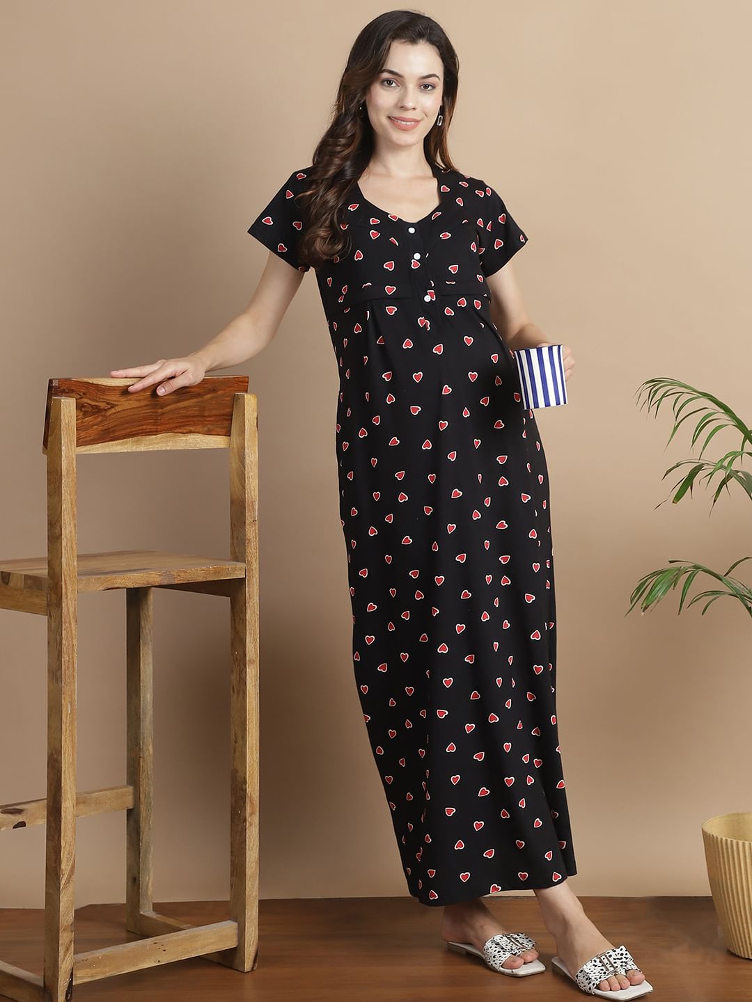 Printed Black Hosiery Maternity Feeding Nighty