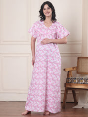 Pink Floral Pure Cotton Maternity Nighty