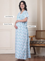 Blue Floral Pure Cotton Maternity Nighty