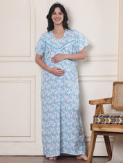 Blue Floral Pure Cotton Maternity Nighty