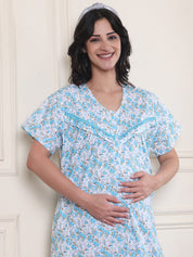 Blue Floral Pure Cotton Maternity Nighty