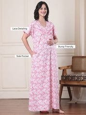 Pink Floral Pure Cotton Maternity Nighty