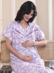 Lavender Floral Pure Cotton Maternity Nighty