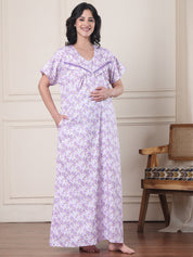 Lavender Floral Pure Cotton Maternity Nighty