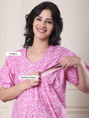 Pink Floral Pure Cotton Maternity Nighty