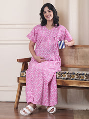 Pink Floral Pure Cotton Maternity Nighty