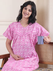 Pink Floral Pure Cotton Maternity Nighty
