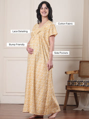 Yellow Floral Pure Cotton Maternity Nighty