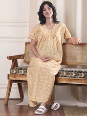 Yellow Floral Pure Cotton Maternity Nighty