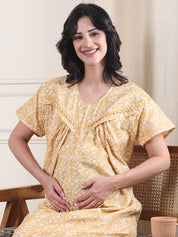 Yellow Floral Pure Cotton Maternity Nighty