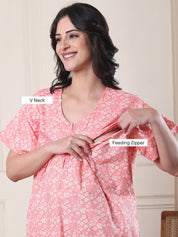Peach Floral Pure Cotton Maternity Nighty
