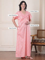 Peach Floral Pure Cotton Maternity Nighty