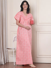 Peach Floral Pure Cotton Maternity Nighty