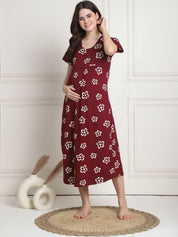Floral Maroon Hosiery Short Maternity Feeding Nighty