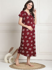 Floral Maroon Hosiery Short Maternity Feeding Nighty