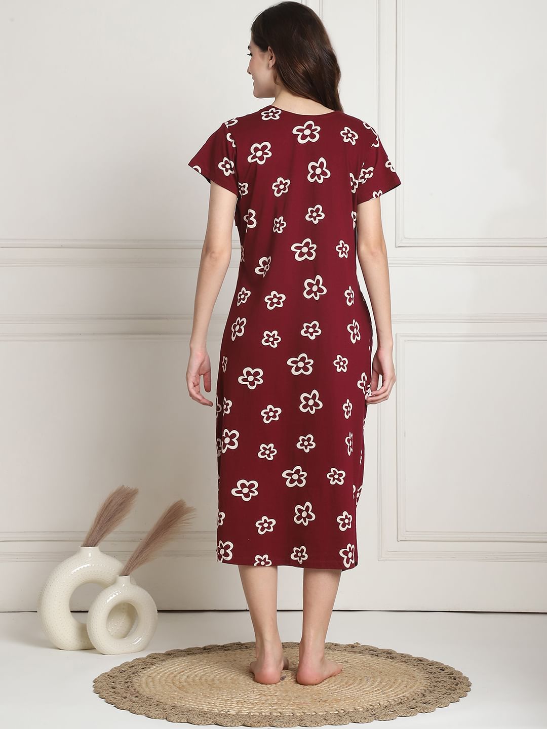 Floral Maroon Hosiery Short Maternity Feeding Nighty