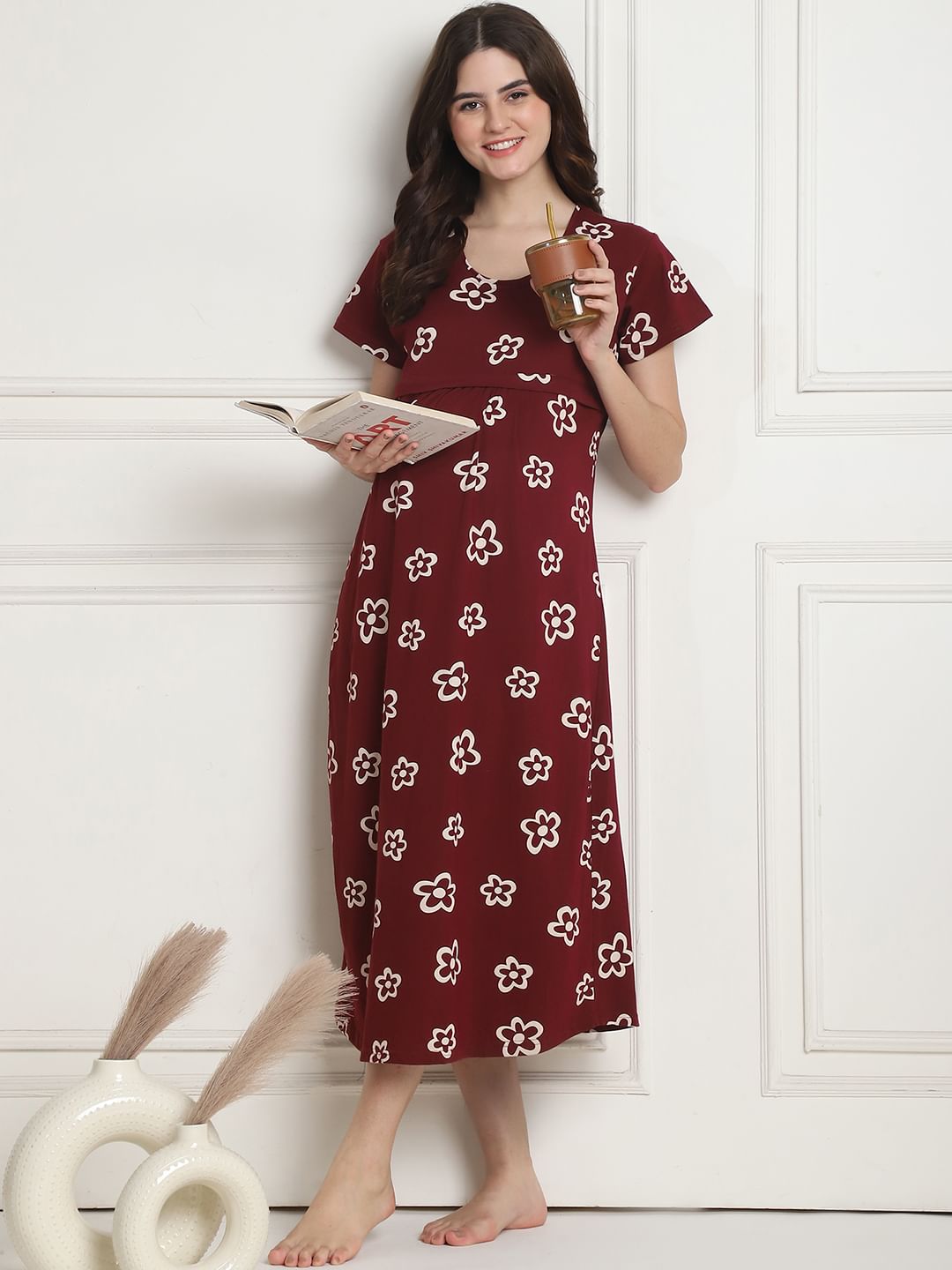 Floral Maroon Hosiery Short Maternity Feeding Nighty
