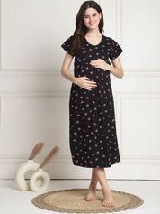 Printed Black Hosiery Short Maternity Feeding Nighty